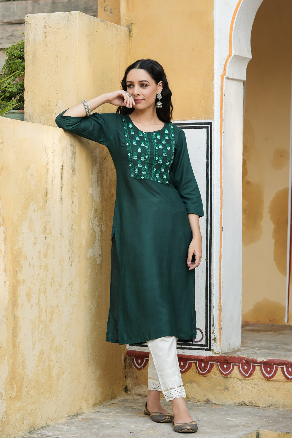 Juniper Green Rayon Festive Wear Embroidered Straight Kurta