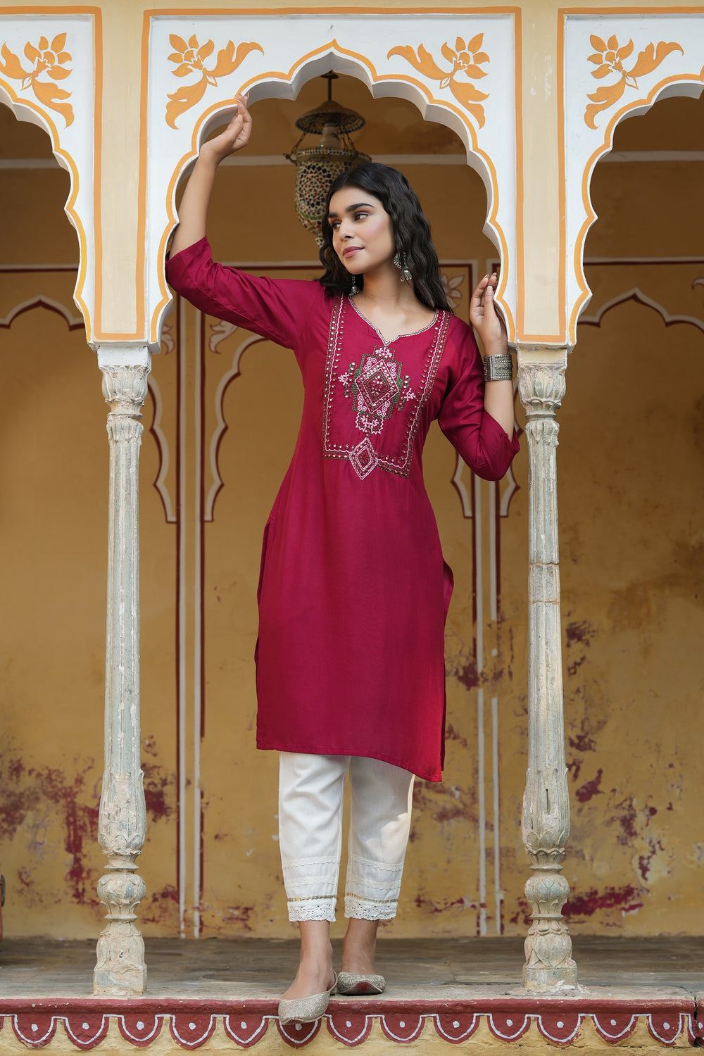 Juniper Maroon Rayon Festive Wear Embroidered Straight Kurta