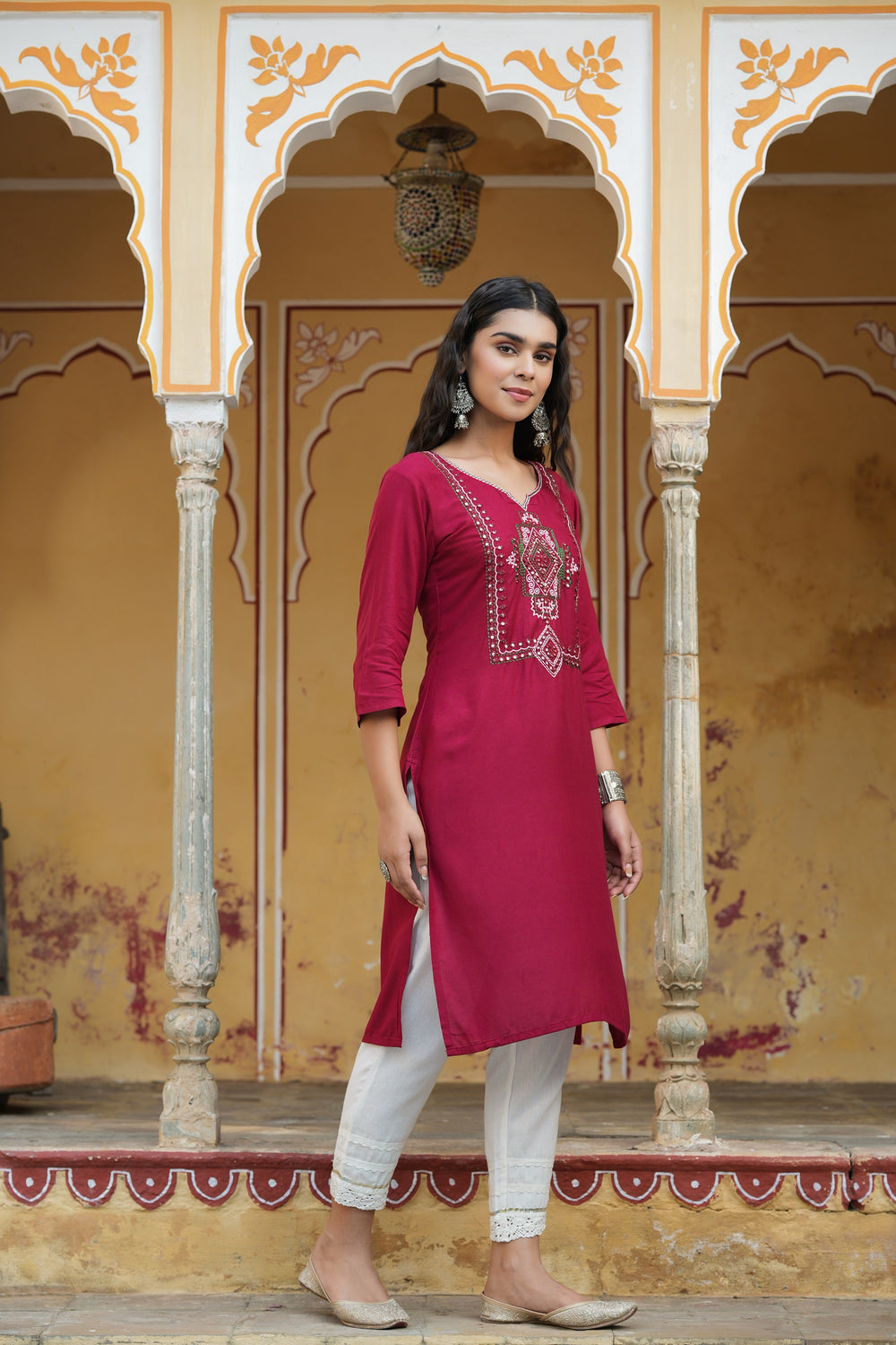 Juniper Maroon Rayon Festive Wear Embroidered Straight Kurta
