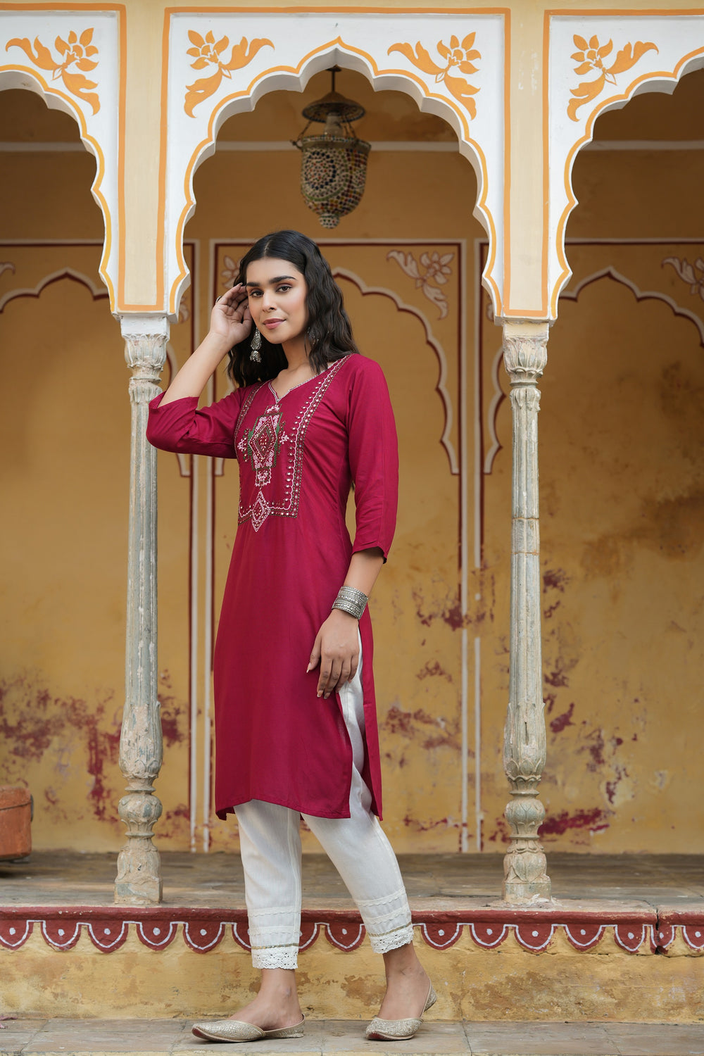 Juniper Maroon Rayon Festive Wear Embroidered Straight Kurta