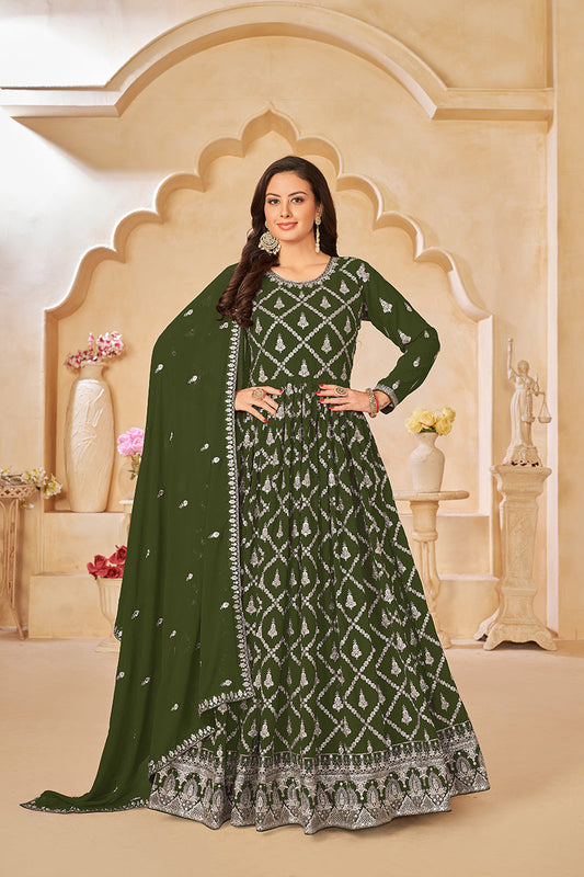 Monjolika Fashion Embroidered Party Wear Olive Green Salwar Suit