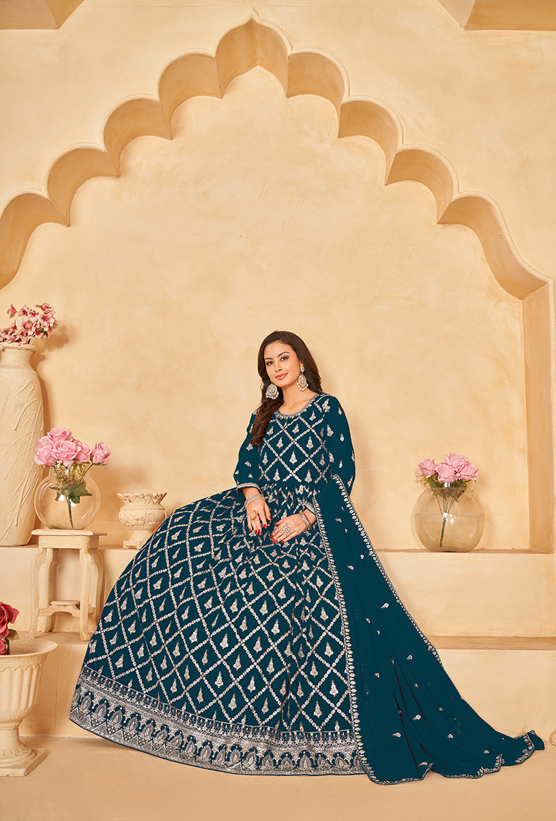 Monjolika Fashion Embroidered Party Wear Teal Salwar Suit