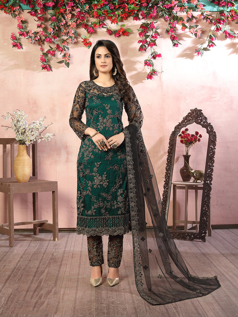 Monjolika Fashion Green Net Embroidery Trendy Salwar Kameez