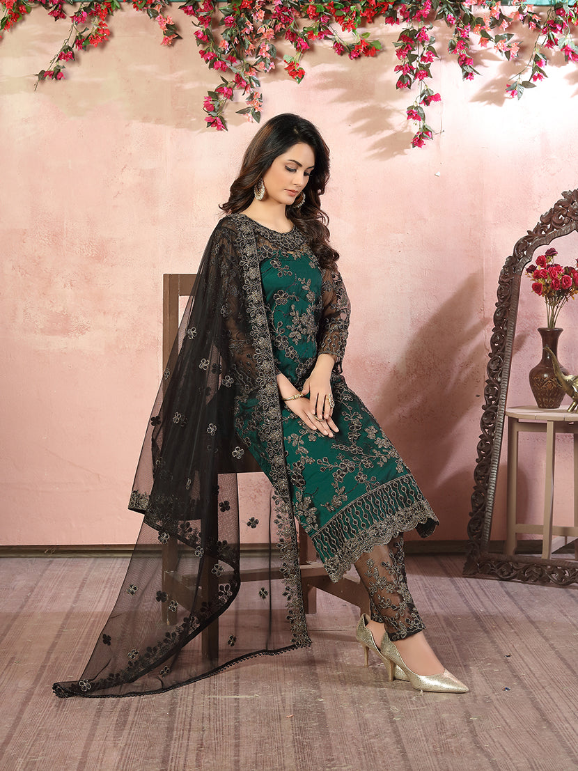 Monjolika Fashion Green Net Embroidery Trendy Salwar Kameez