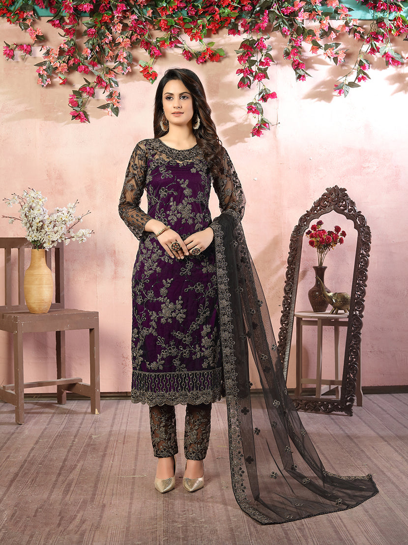 Monjolika Fashion Purple Net Embroidery Trendy Salwar Kameez