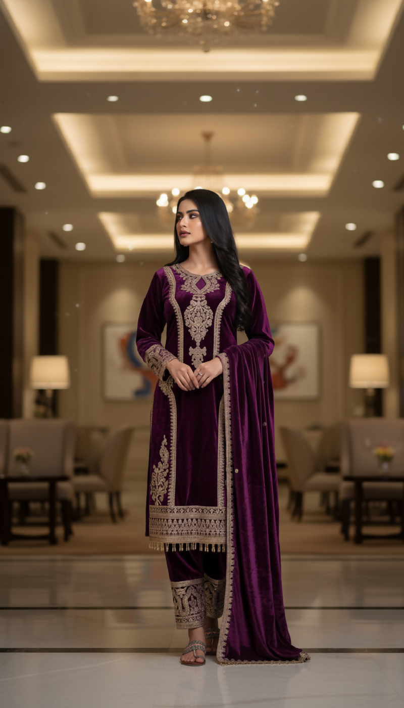 Joban Fashion Purple Velvet Embroidery Sequence Work Readymade Kurta Set