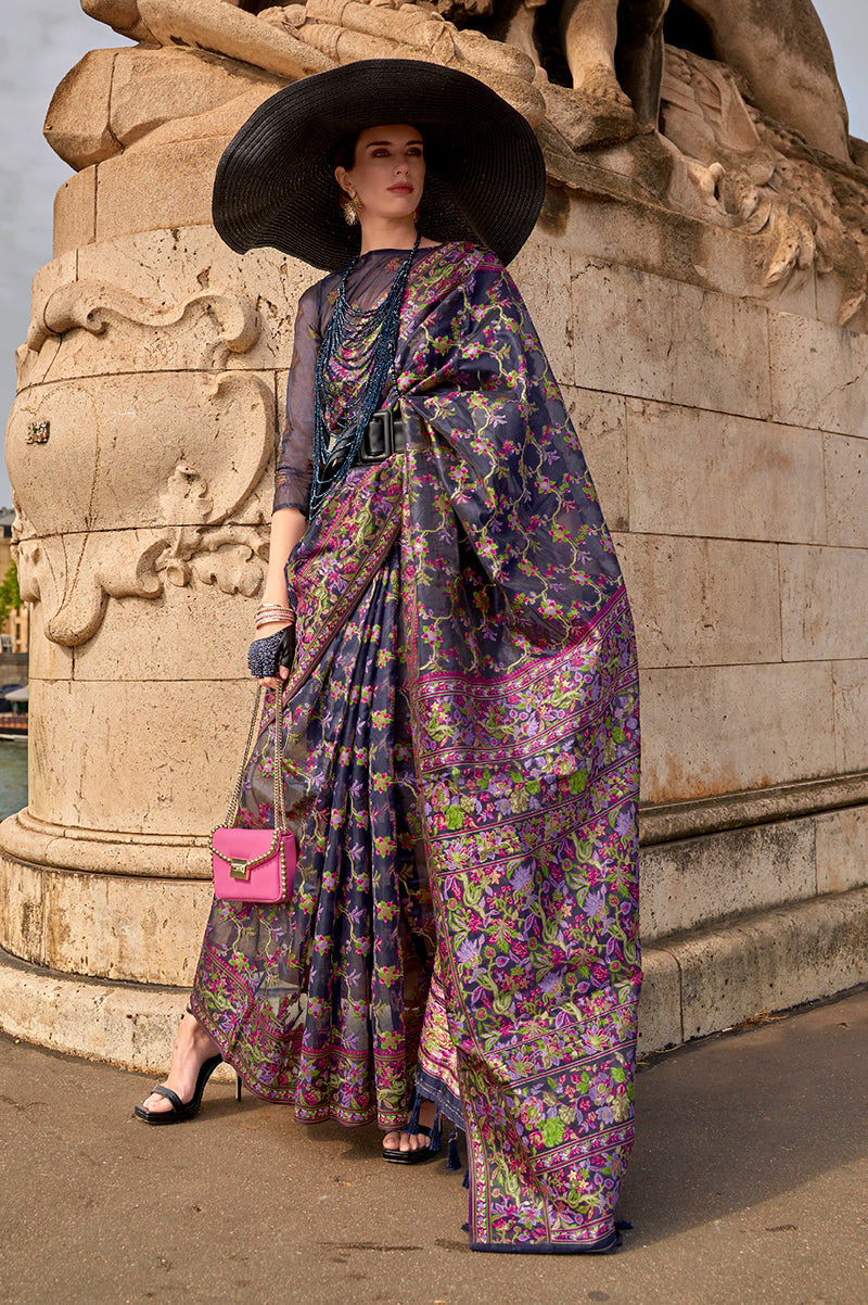 Monjolika Fashion Navy Blue Emblished Organza Contemporary Saree