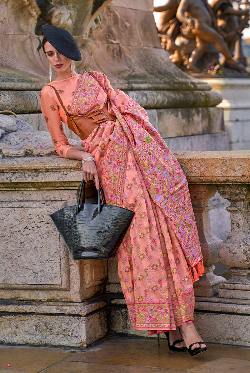 Monjolika Fashion Peach Emblished Organza Contemporary Saree