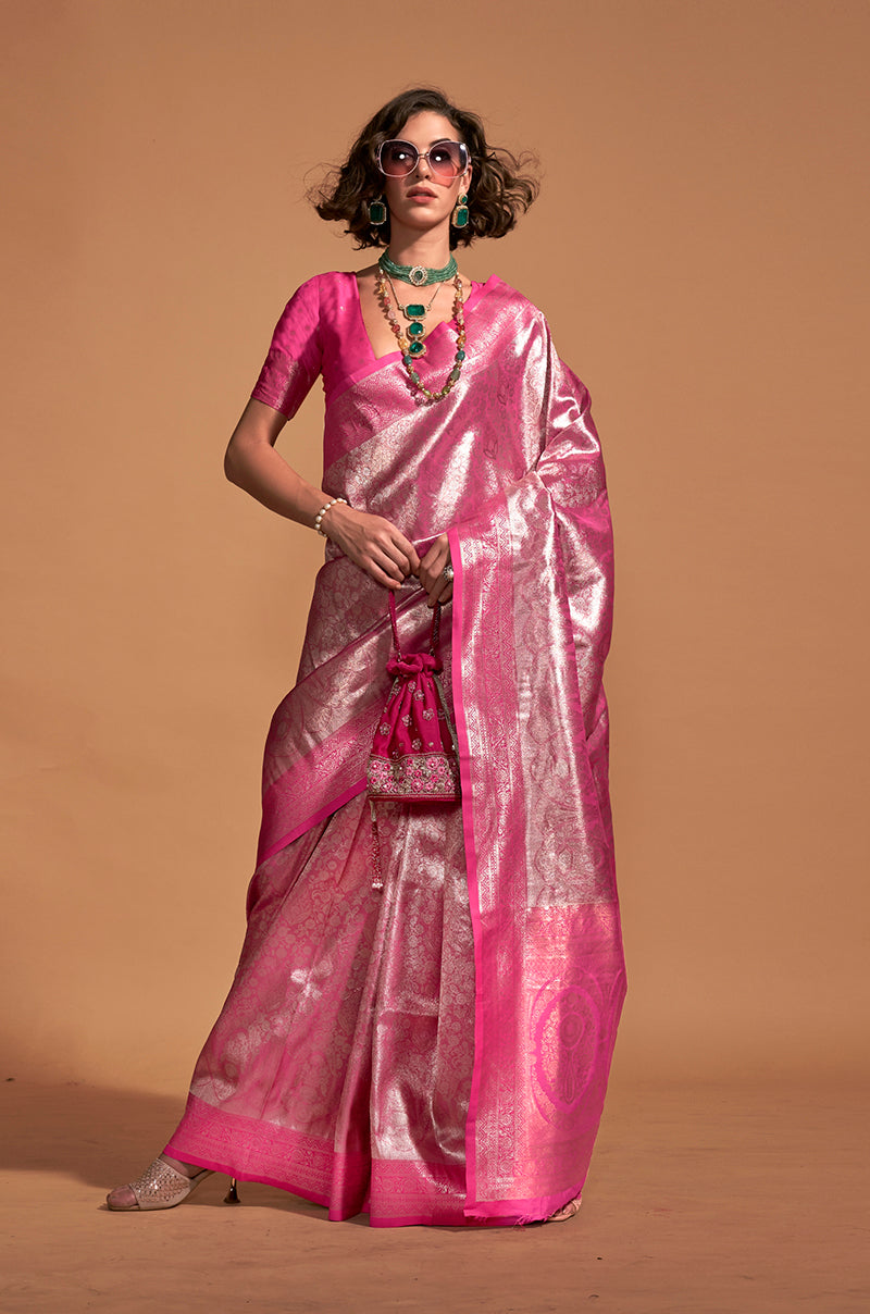 Monjolika Fashion Pink Kanjipuram Silk Woven Designer Saree