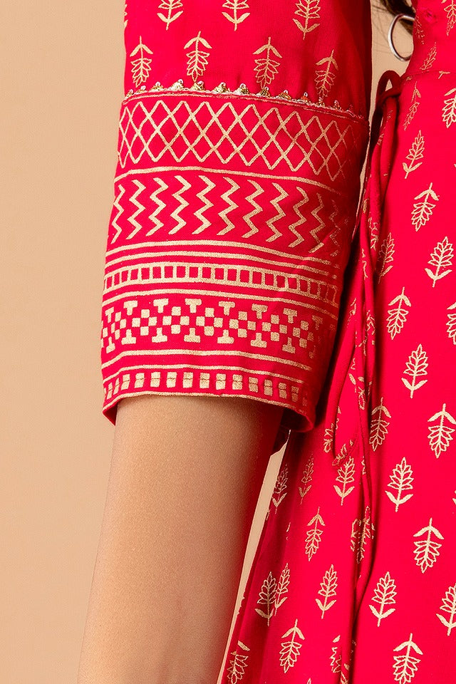 Juniper Fuchsia Rayon Festive Wear Foil Printed A-Line Long Dress