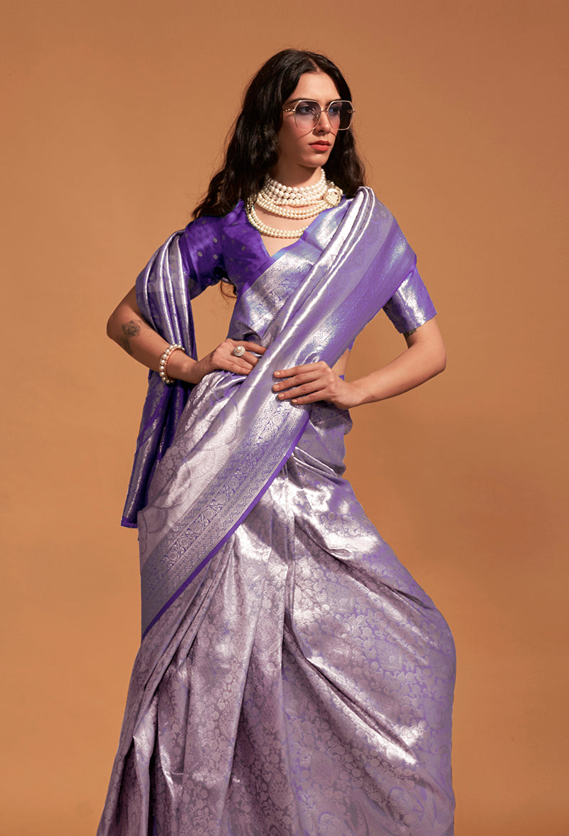 Monjolika Fashion Dark Violet Kanjipuram Silk Woven Designer Saree