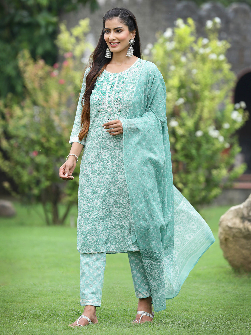 Juniper Women's Sagegreen Cotton Cambric Festive Printed Kurta Set