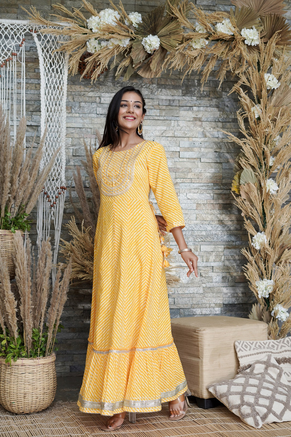 Juniper Women's Yellow Printed Flared Cotton Cambric Dress