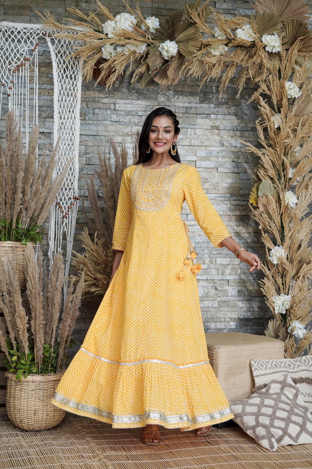 Juniper Women's Yellow Printed Flared Cotton Cambric Dress