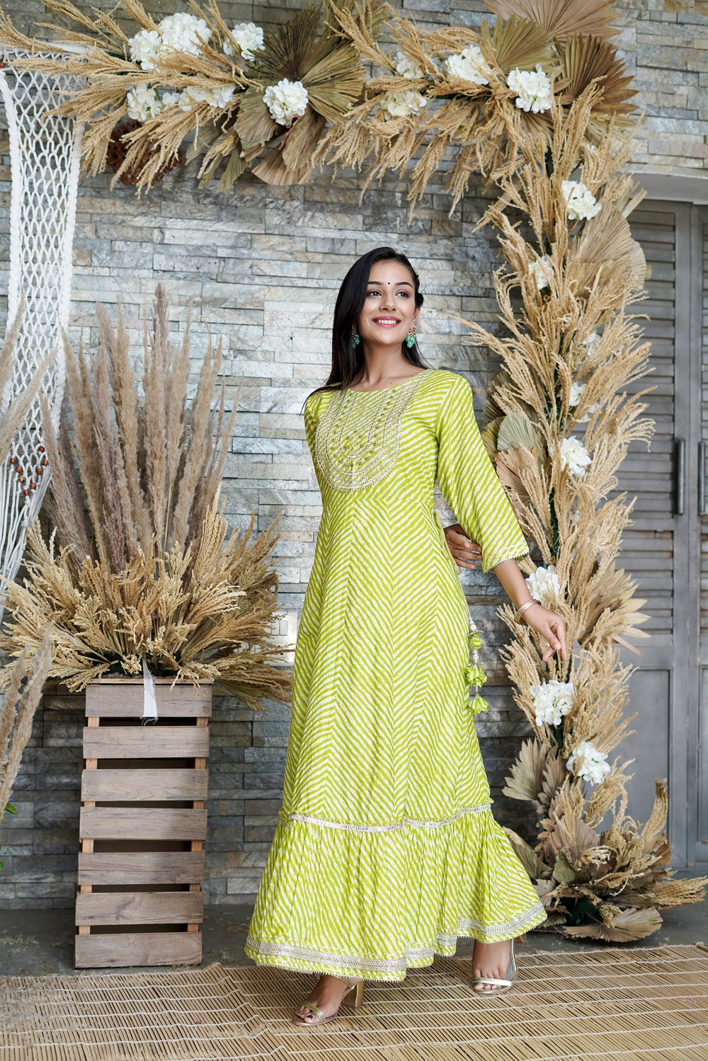 Juniper Women's Green Printed Flared Cotton Cambric Dress