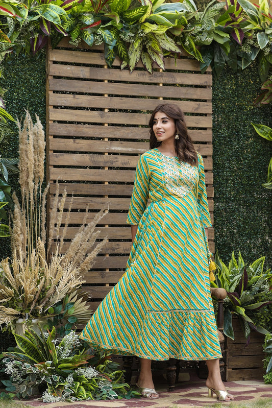 Juniper Women's Cotton Cambric Green Printed Flared Festive Long Dress