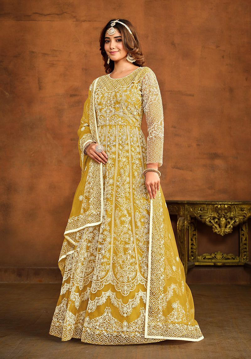 Monjolika Fashion Yellow Net Ceremonial Floor Length Salwar Kameez