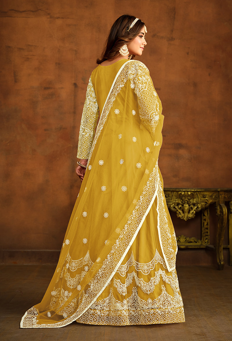 Monjolika Fashion Yellow Net Ceremonial Floor Length Salwar Kameez
