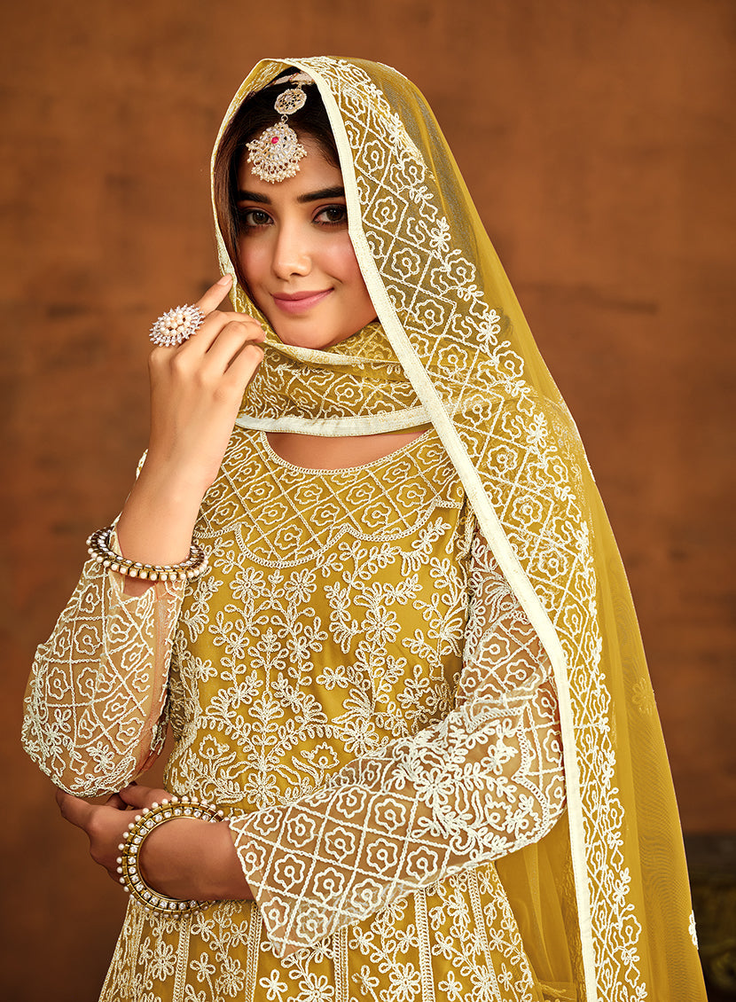 Monjolika Fashion Yellow Net Ceremonial Floor Length Salwar Kameez