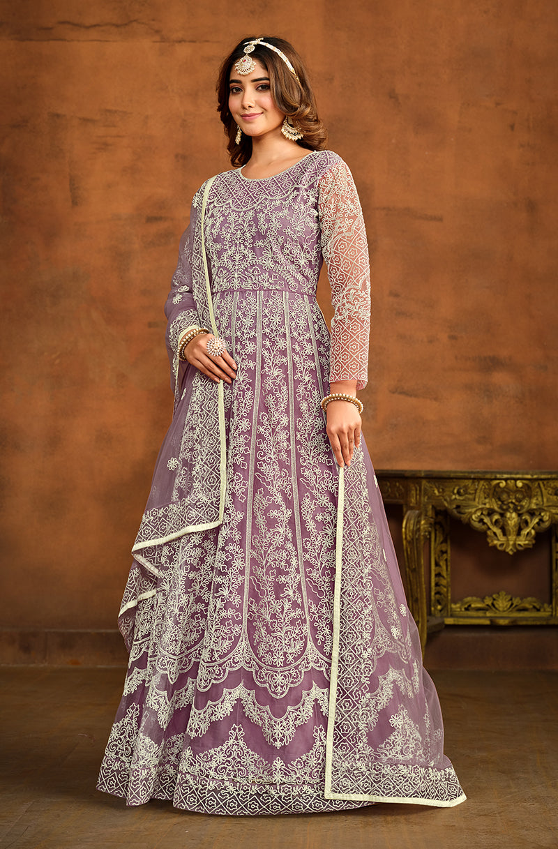 Monjolika Fashion Purple Net Ceremonial Floor Length Salwar Kameez