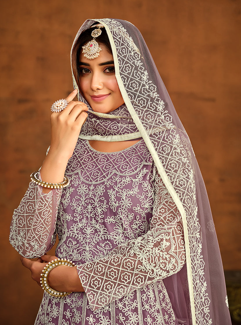 Monjolika Fashion Purple Net Ceremonial Floor Length Salwar Kameez