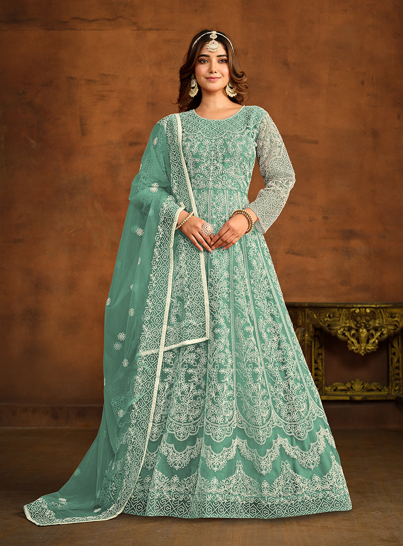 Monjolika Fashion Sky Blue Net Ceremonial Floor Length Salwar Kameez