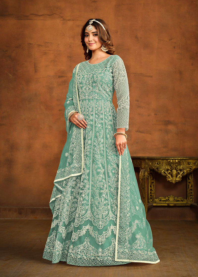 Monjolika Fashion Sky Blue Net Ceremonial Floor Length Salwar Kameez