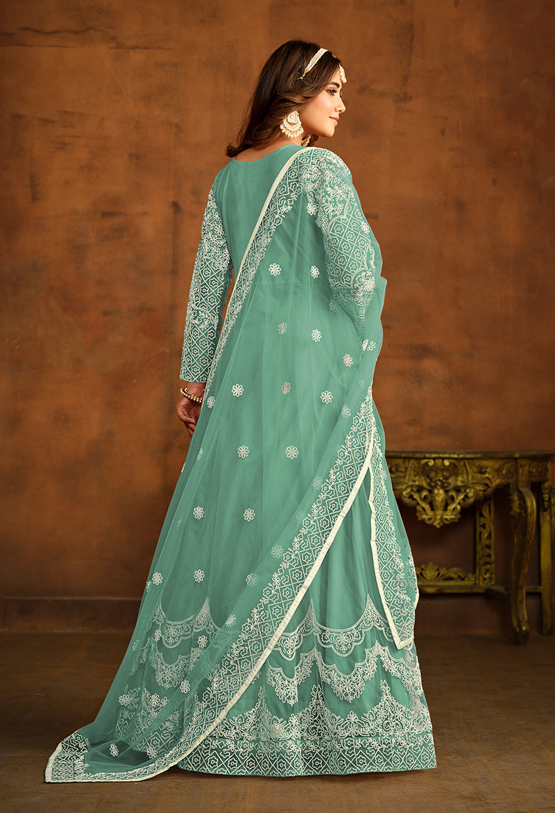 Monjolika Fashion Sky Blue Net Ceremonial Floor Length Salwar Kameez