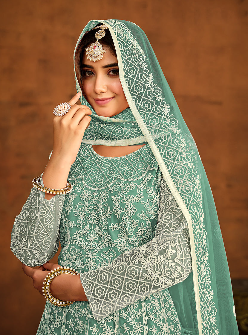 Monjolika Fashion Sky Blue Net Ceremonial Floor Length Salwar Kameez