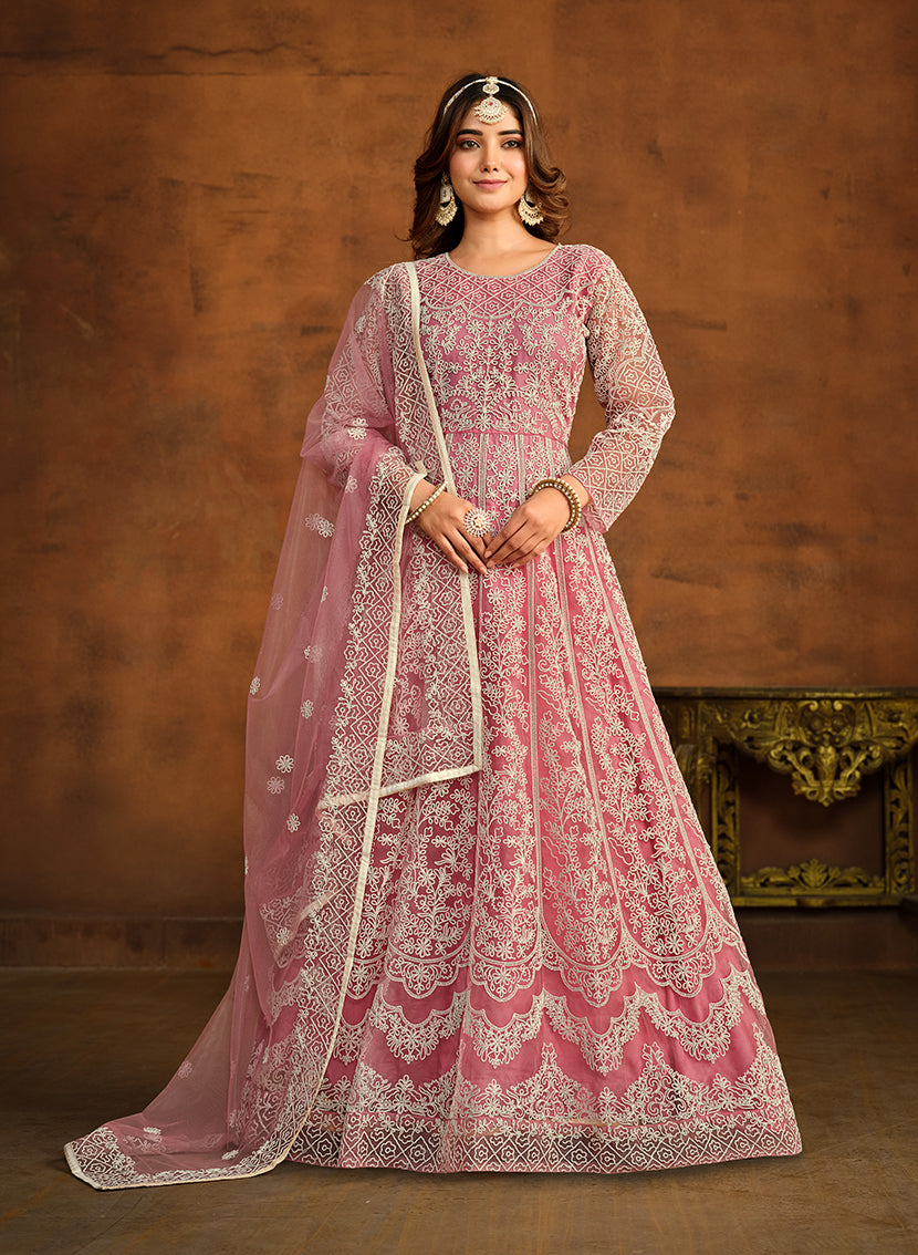 Monjolika Fashion Light Pink Net Ceremonial Floor Length Salwar Kameez