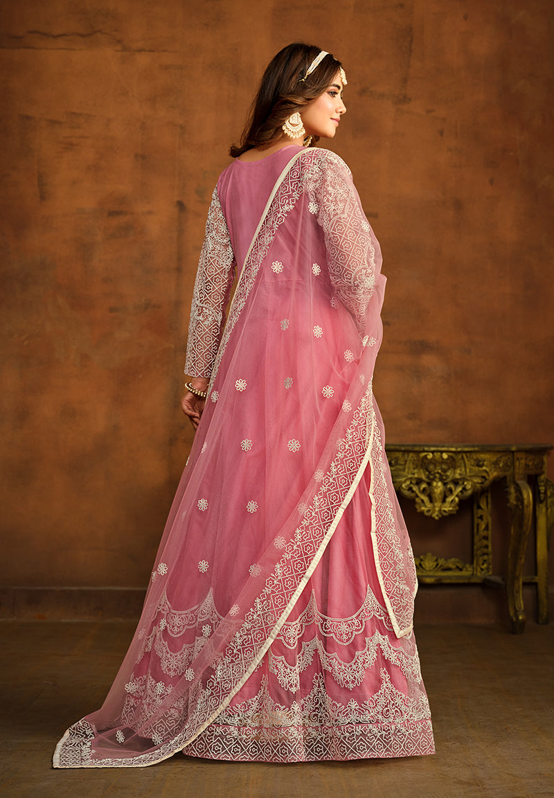 Monjolika Fashion Light Pink Net Ceremonial Floor Length Salwar Kameez