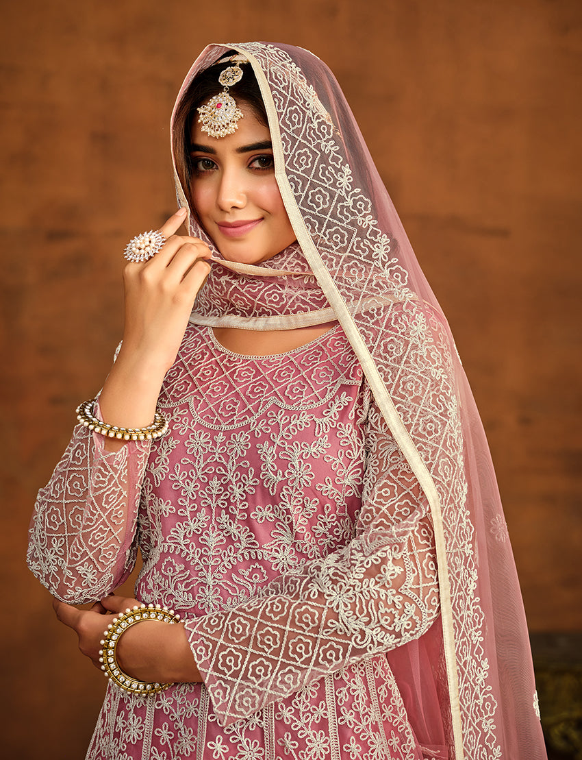 Monjolika Fashion Light Pink Net Ceremonial Floor Length Salwar Kameez