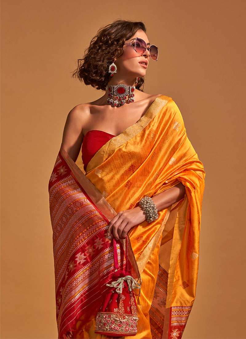 Monjolika Fashion Weaving Handloom Silk Classic Saree In Mustard