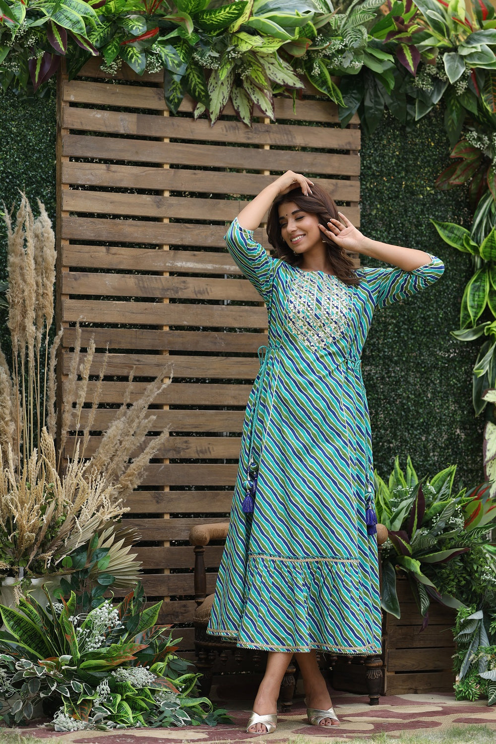 Juniper Women's Cotton Cambric Blue Printed Flared Festive Long Dress