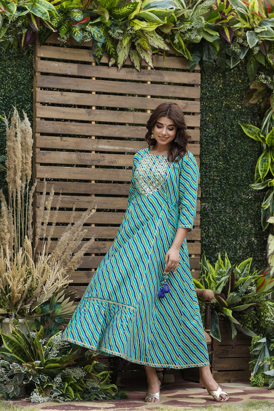 Juniper Women's Cotton Cambric Blue Printed Flared Festive Long Dress
