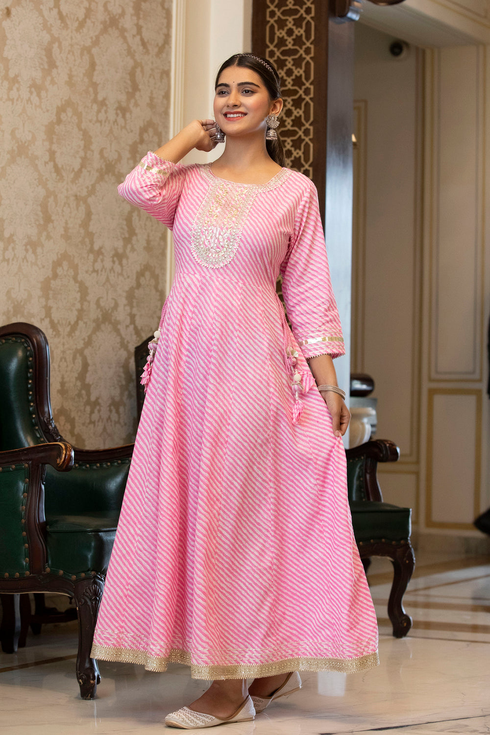 Juniper Women's Cotton Cambric Fuchsia Printed Embroidered Flared Festive Long Dress