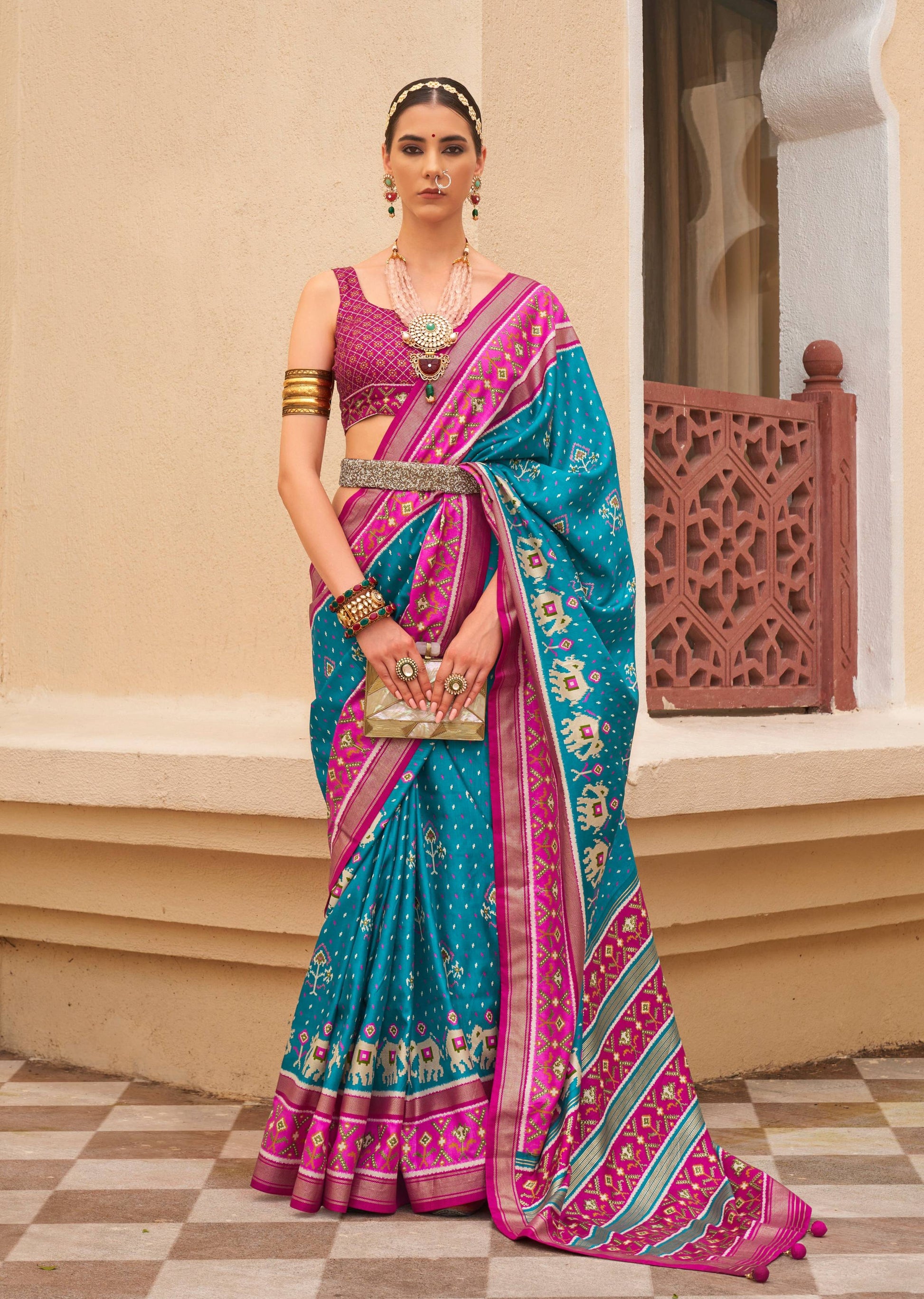 Monjolika Fashion Blue & Rani Colour Sigma Silk Patola Printed Saree With Blouse