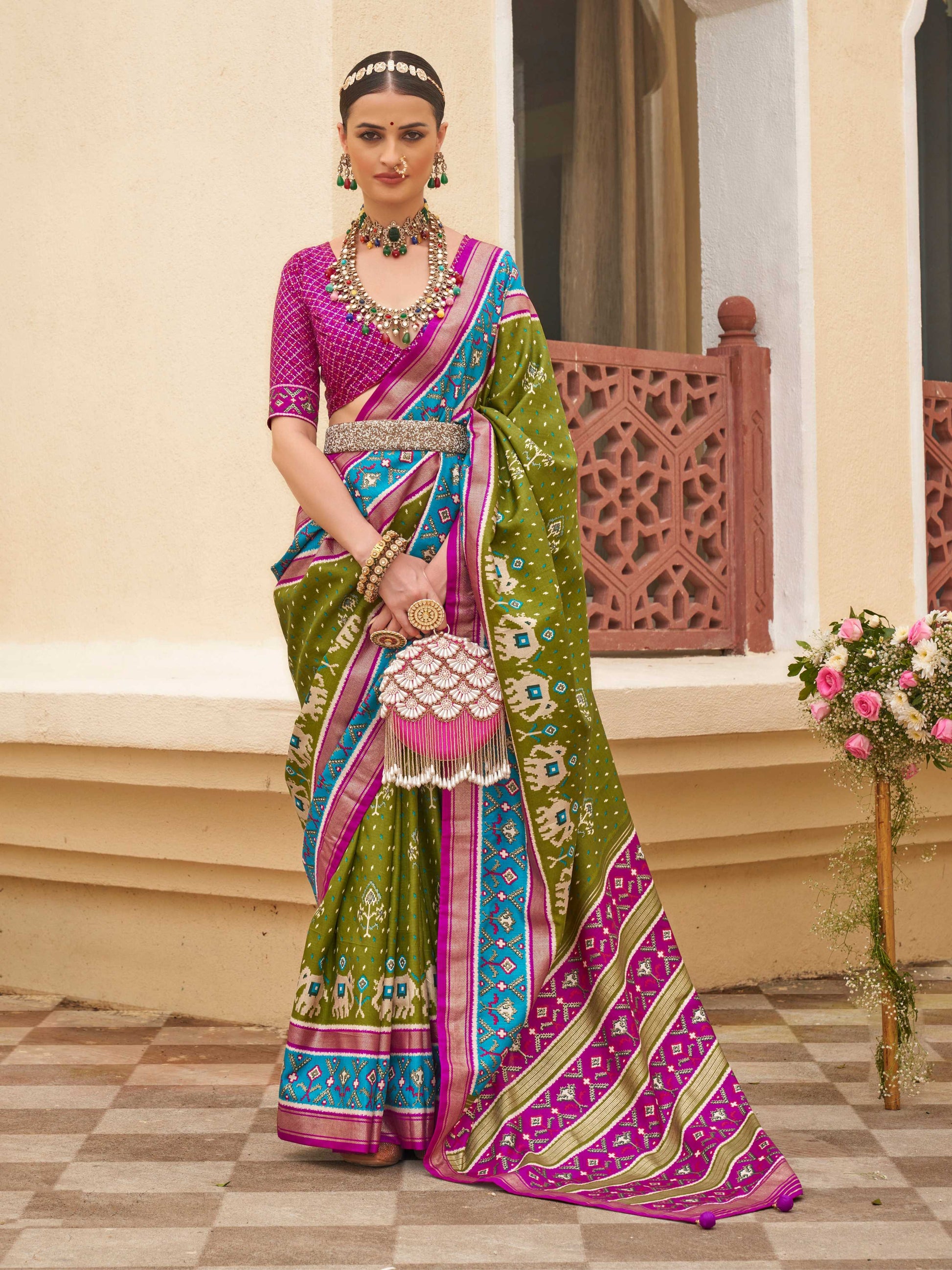 Monjolika Fashion Mehendi Colour Sigma Silk Patola Printed Saree With Blouse