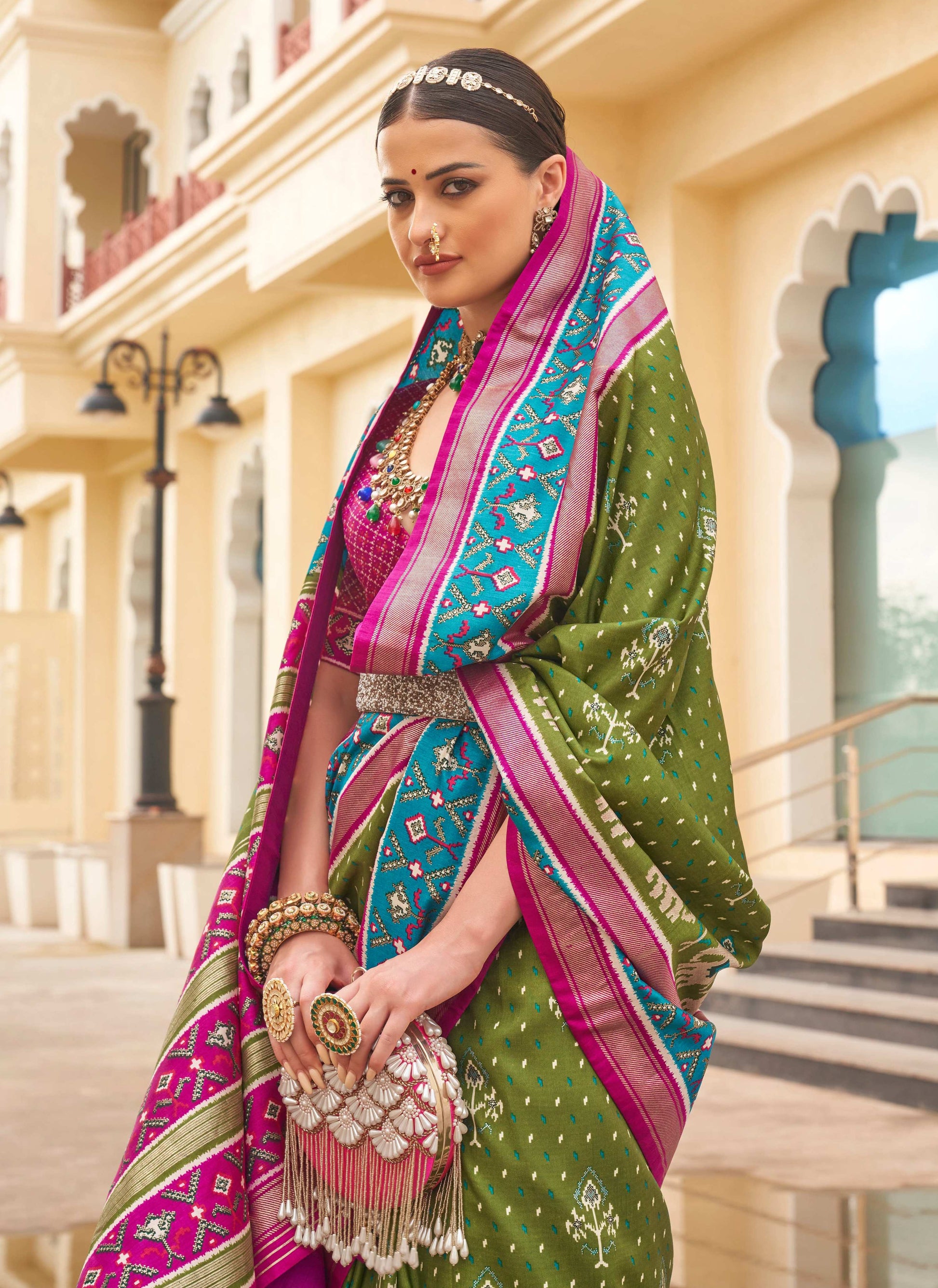 Monjolika Fashion Mehendi Colour Sigma Silk Patola Printed Saree With Blouse