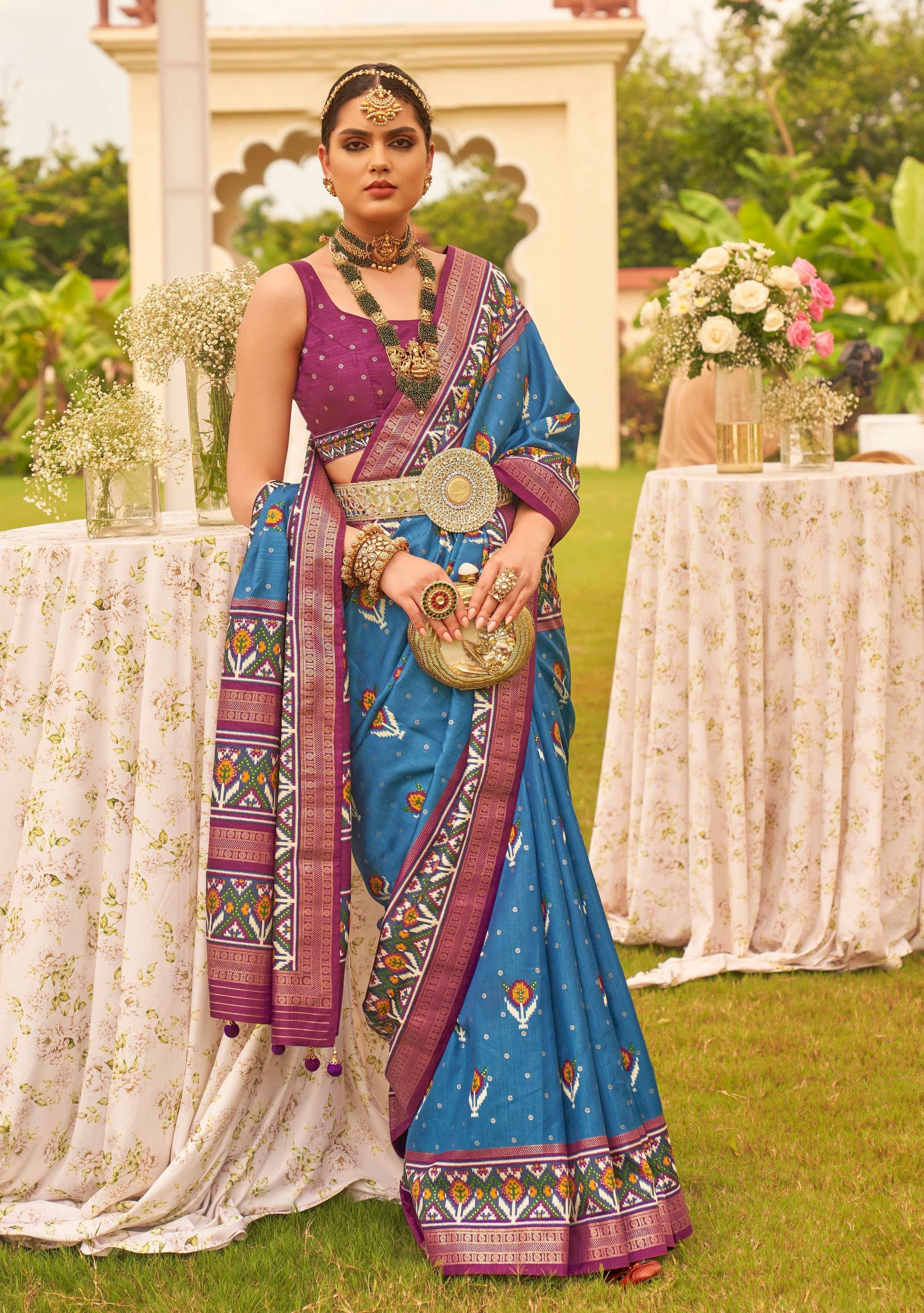Monjolika Fashion Blue Colour Sigma Silk Patola Printed Saree With Blouse