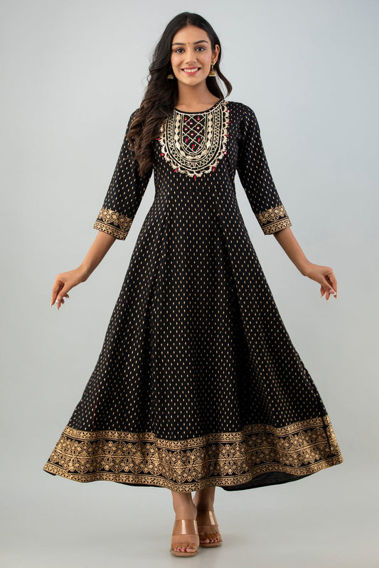 Juniper Women's Black Rayon Printed Flared Dress