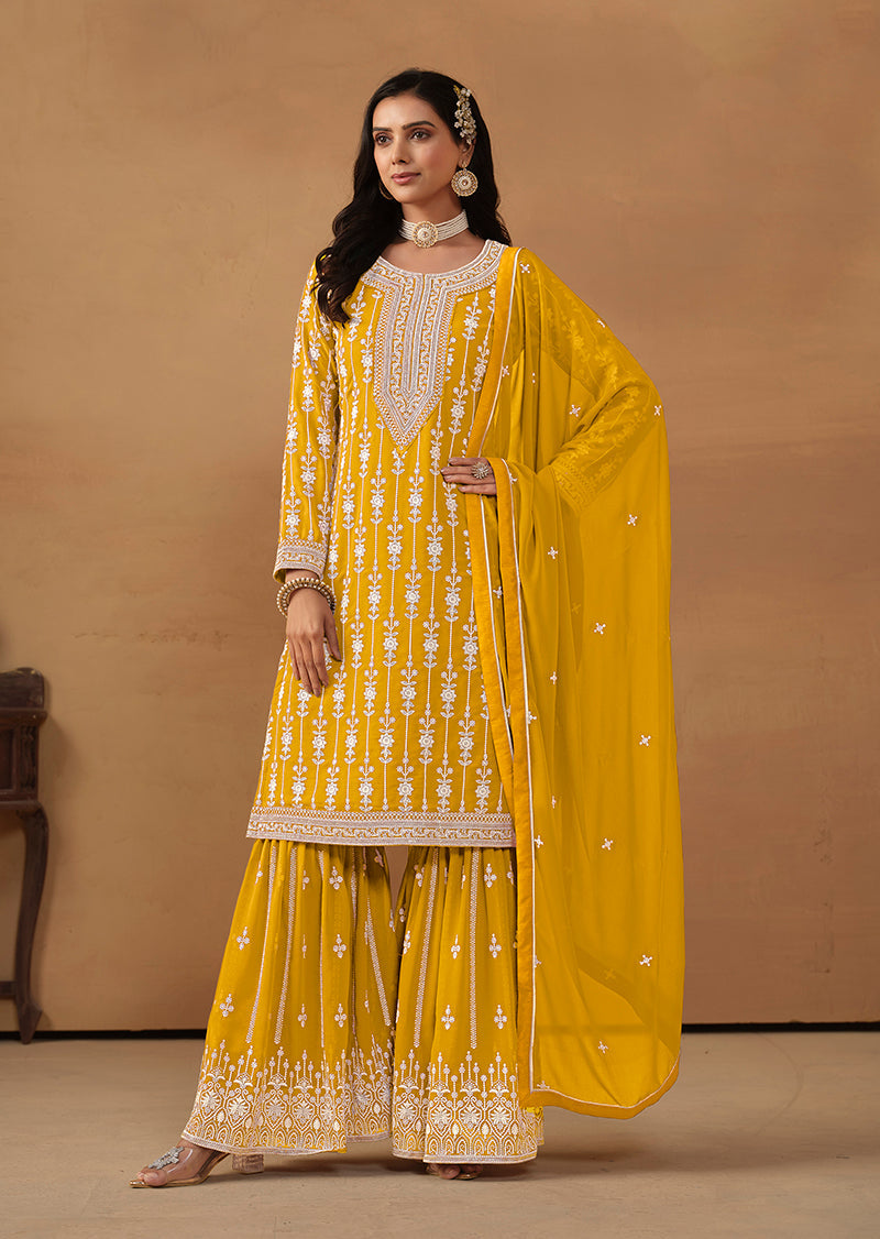 Monjolika Fashion Mustard Faux Georgette Embroidered Salwar Kameez
