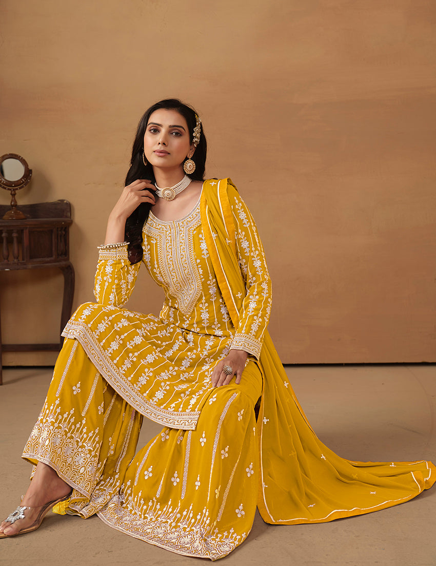 Monjolika Fashion Mustard Faux Georgette Embroidered Salwar Kameez