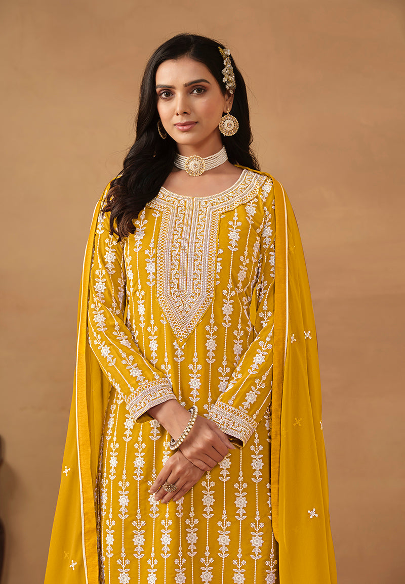 Monjolika Fashion Mustard Faux Georgette Embroidered Salwar Kameez