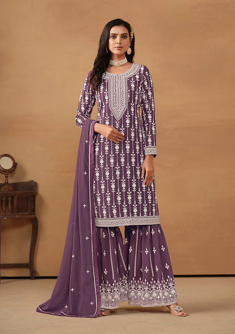 Monjolika Fashion Purple Faux Georgette Embroidered Salwar Kameez