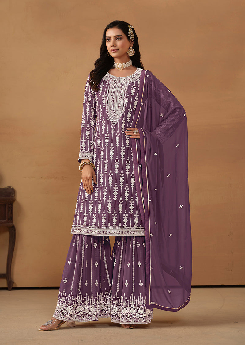 Monjolika Fashion Purple Faux Georgette Embroidered Salwar Kameez