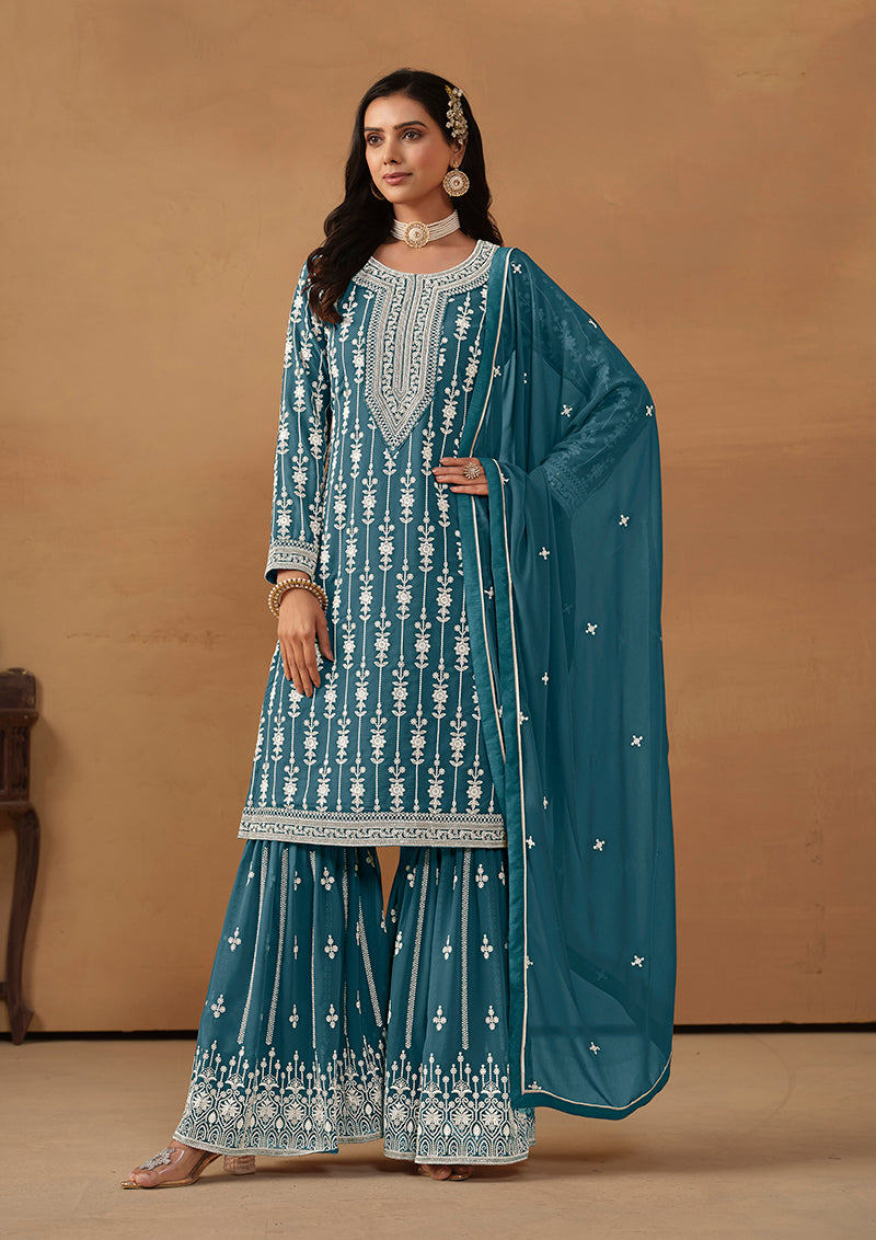 Monjolika Fashion Teal Faux Georgette Embroidered Salwar Kameez