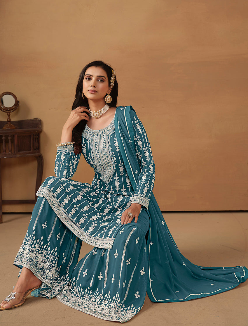Monjolika Fashion Teal Faux Georgette Embroidered Salwar Kameez