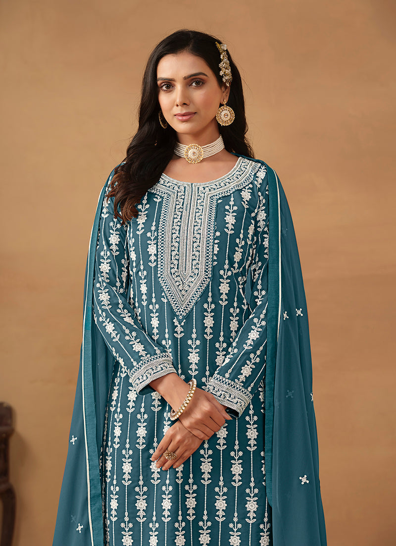 Monjolika Fashion Teal Faux Georgette Embroidered Salwar Kameez
