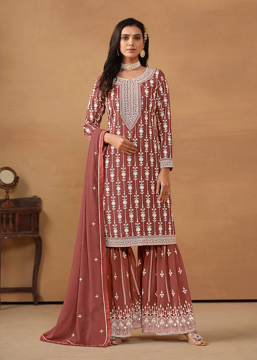 Monjolika Fashion Light Brown Faux Georgette Embroidered Salwar Kameez